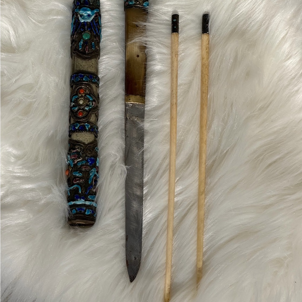 Very old Chinese sushi kit!!! Highly hand decorated sheath, knife, chopsticks!!